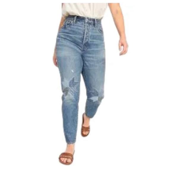 Old Navy Extra High Rise OG Straight Patchwork Star On Knees Buttonfly Sz 8 NWT - Picture 1 of 10